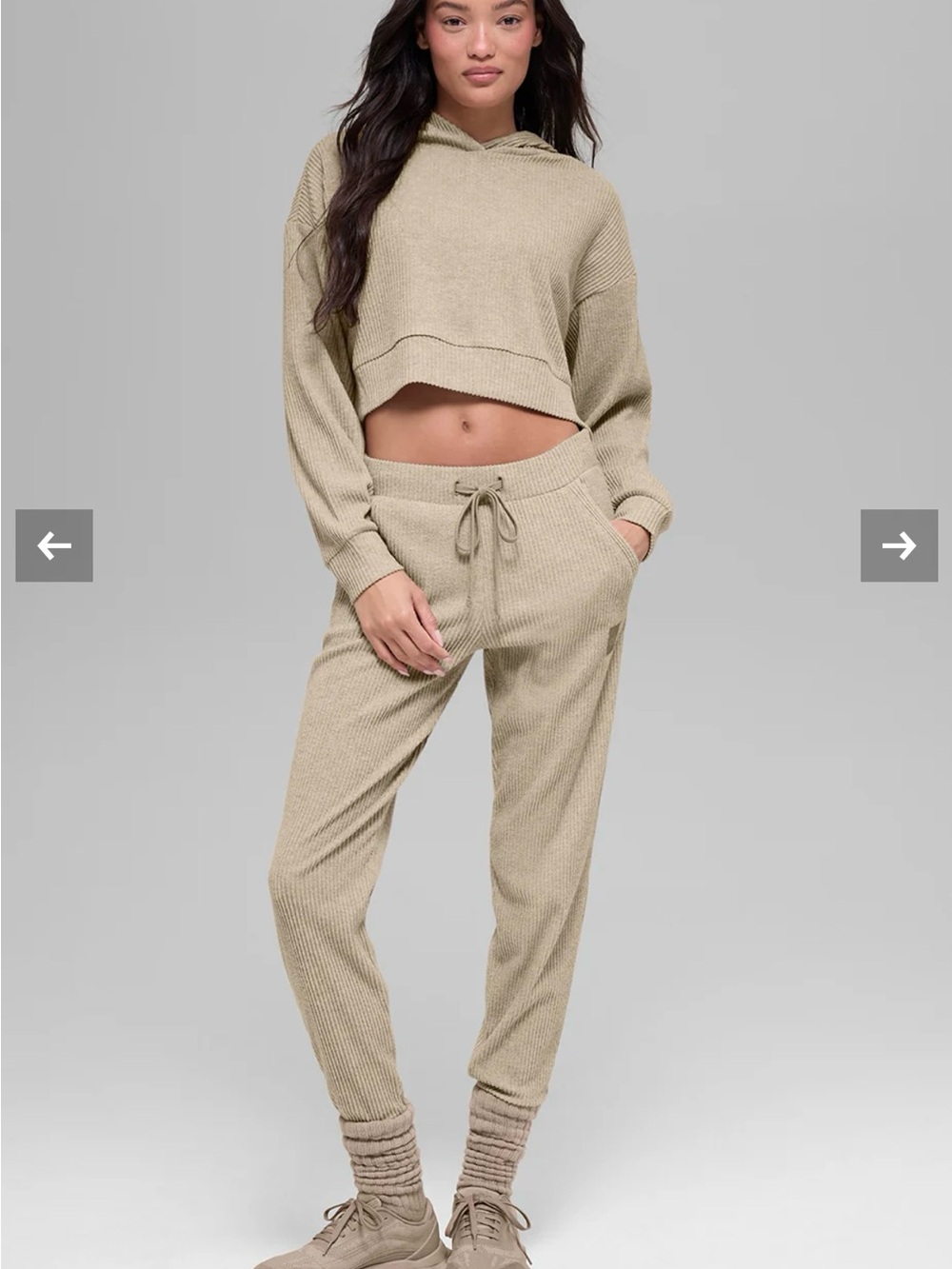 ALO Yoga Ribbed Cropped Hoodie & Joggers Set — Taupe